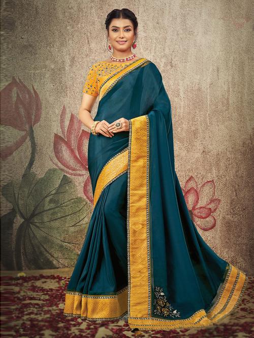 teal silk solid with border saree with blouse - 19506799 - Very Small Image - 1