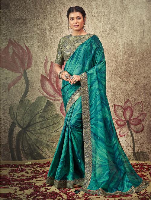 teal silk printed bordered saree - 19506801 - Very Small Image - 1