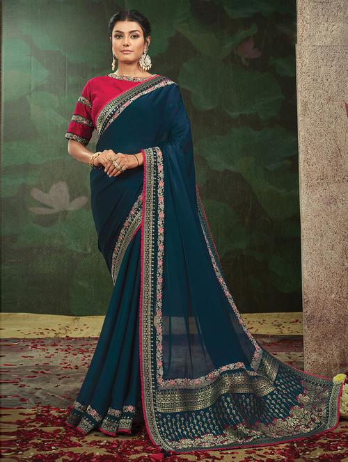 teal silk solid with border saree with blouse - 19506803 - Very Small Image - 1