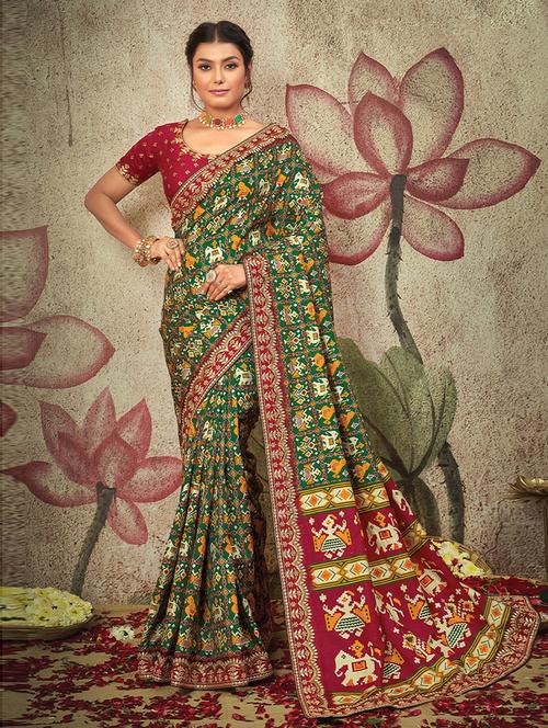 green silk woven printed saree with blouse - 19506804 - Very Small Image - 1