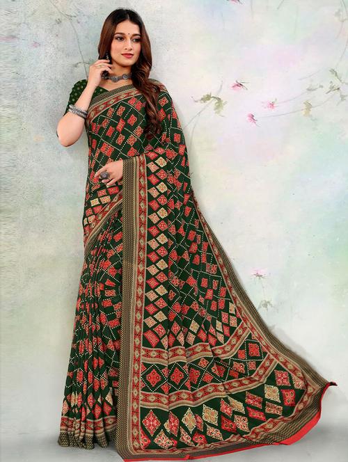 green crepe woven printed saree with blouse - 19506816 - Very Small Image - 1