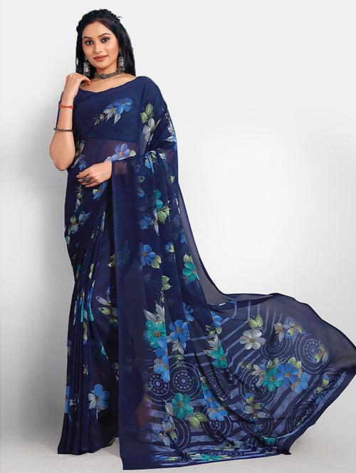 navy blue cotton woven printed saree with blouse - 19506840 - Very Small Image - 1