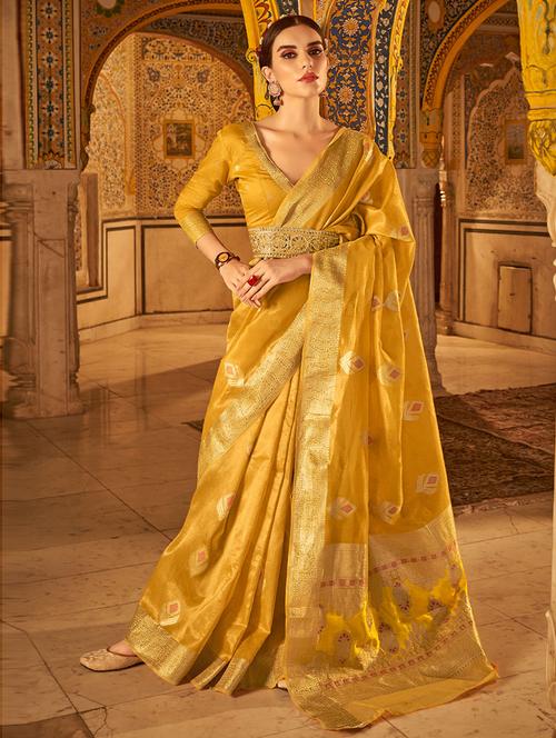 mustard satin woven saree - 19506845 - Very Small Image - 1