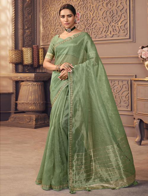 green organza woven saree with blouse - 19506853 - Very Small Image - 1
