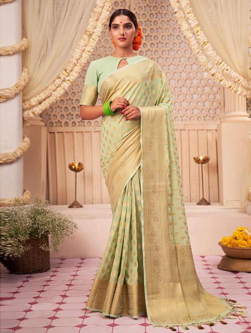 green cotton blend woven saree with blouse - 19506870 - Very Small Image - 1