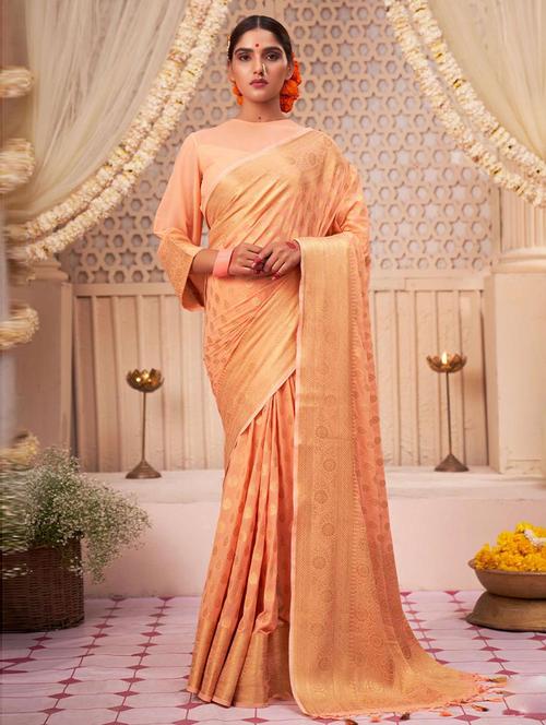 peach cotton blend woven saree with blouse - 19506872 - Very Small Image - 1