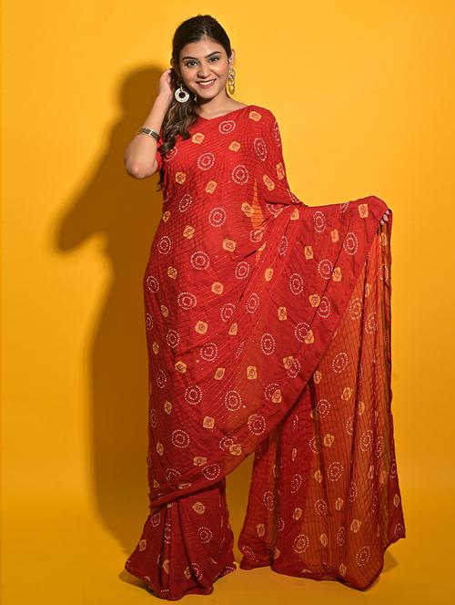 red chiffon woven printed saree with blouse - 19506885 - Very Small Image - 1