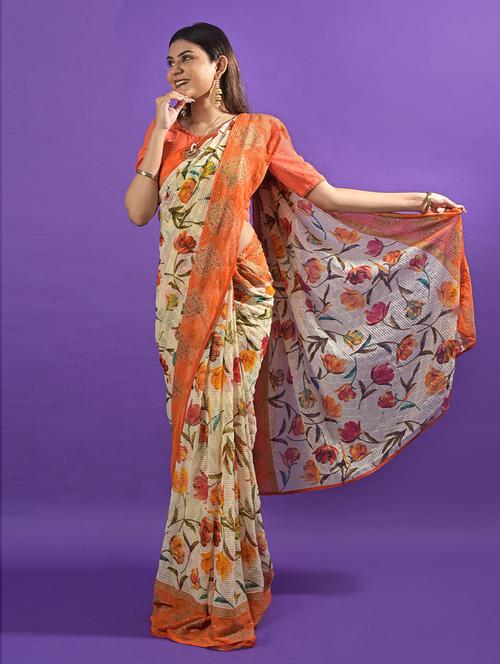 orange cotton floral print saree - 19506895 - Very Small Image - 1