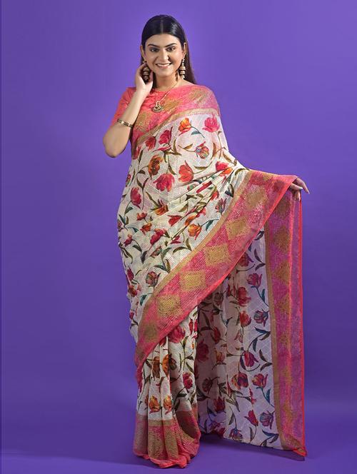pink cotton woven floral print saree with blouse - 19506896 - Very Small Image - 1