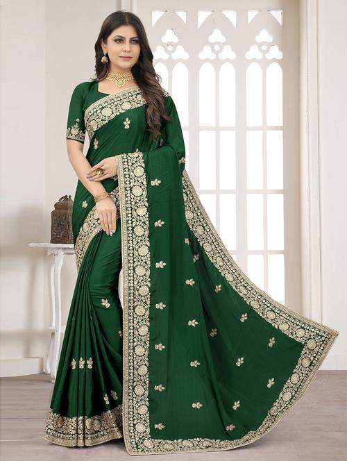 green crepe embroidered saree with blouse - 19506903 - Very Small Image - 1