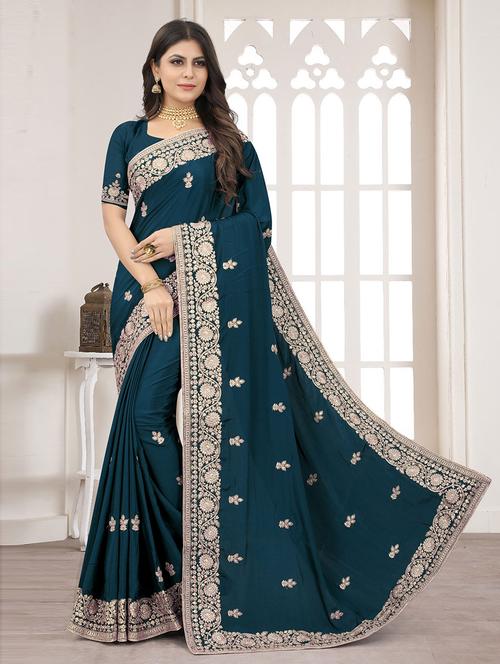 teal crepe embroidered saree with blouse - 19506907 - Very Small Image - 1