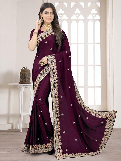 purple crepe embroidered saree with blouse - 19506912 - Very Small Image - 1