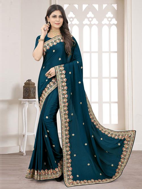 teal crepe embroidered saree with blouse - 19506913 - Very Small Image - 1