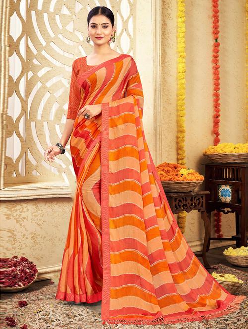 orange chiffon printed saree with blouse - 19506915 - Very Small Image - 1