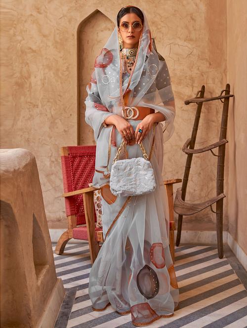 grey net woven printed saree - 19506929 - Very Small Image - 1