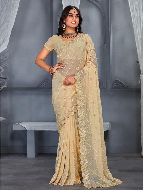 beige georgette embroidered saree with blouse - 19506949 - Very Small Image - 1