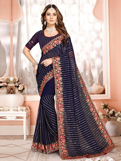 navy blue georgette woven saree with blouse - 19506970 - Very Small Image - 1