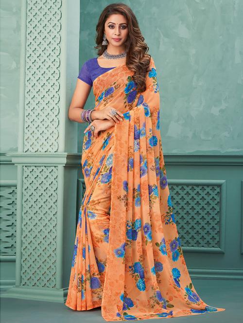 peach georgette floral print saree with blouse - 19506978 - Very Small Image - 1