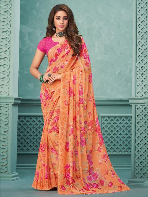 orange georgette floral print saree - 19506982 - Very Small Image - 1