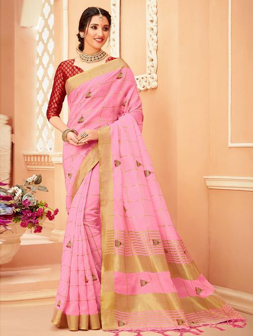 pink cotton check woven saree - 19506986 - Very Small Image - 1