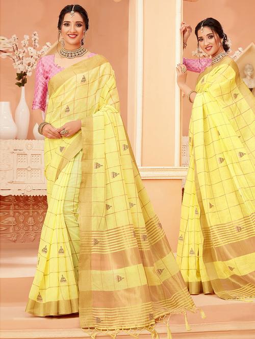 yellow cotton check woven saree - 19506987 - Very Small Image - 1