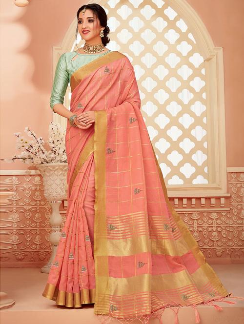 peach cotton check woven saree with blouse - 19506990 - Very Small Image - 1