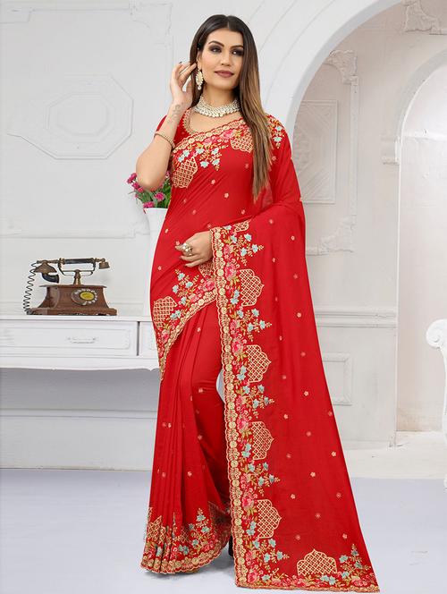red silk embroidered saree - 19506995 - Very Small Image - 1