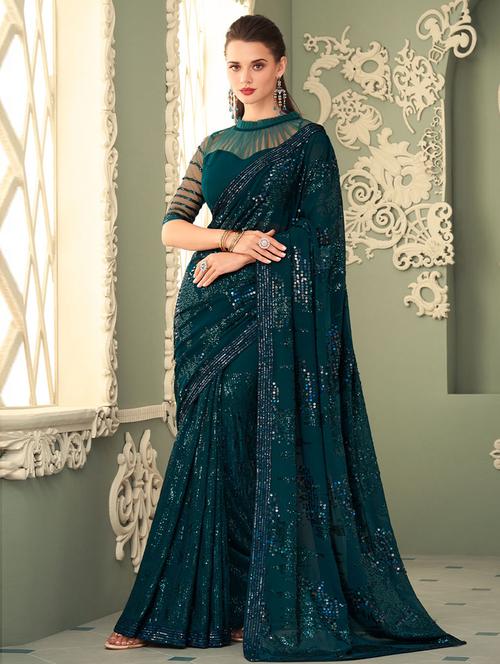 teal georgette sequin embroidered saree with blouse - 19507004 - Very Small Image - 1