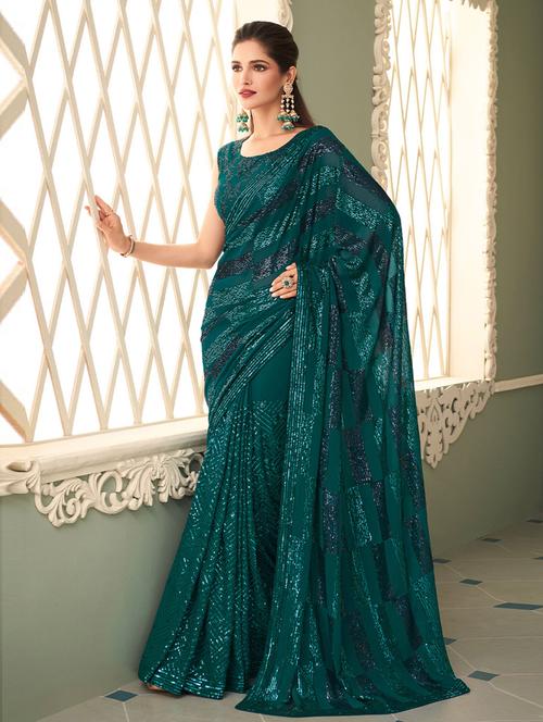 green georgette sequin embroidered saree with blouse - 19507013 - Very Small Image - 1