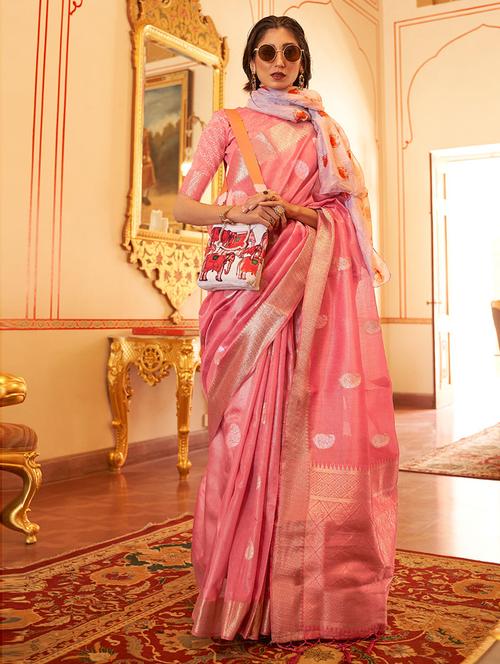 pink linen woven saree with blouse - 19507041 - Very Small Image - 1