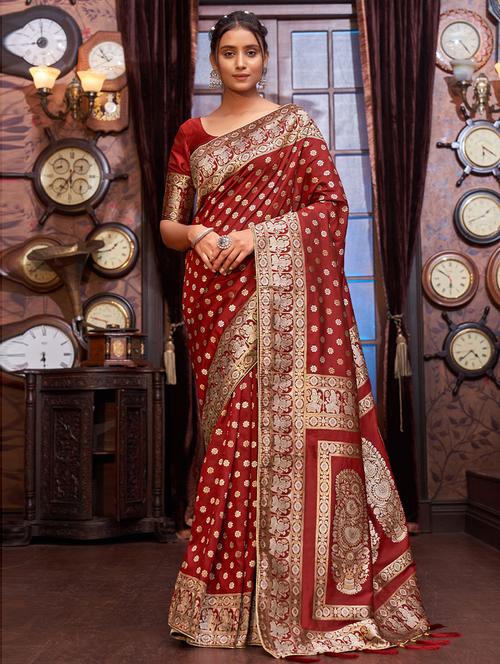 maroon satin woven saree with blouse - 19507051 - Very Small Image - 1