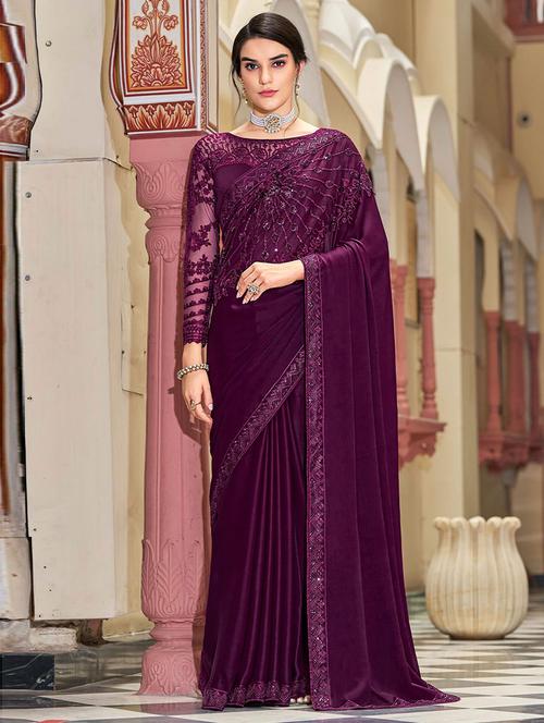 purple silk plain saree with blouse - 19507064 - Very Small Image - 1