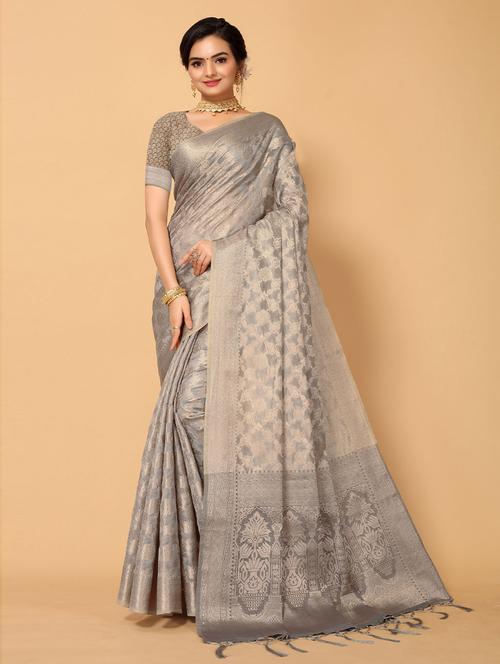grey organza saree with blouse - 19507100 - Very Small Image - 1