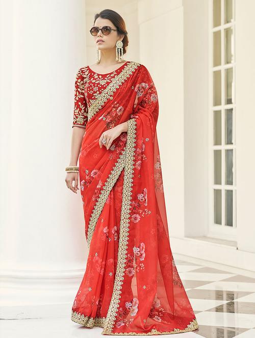organza printed saree with blouse - 19507176 - Very Small Image - 1
