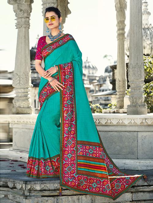 silk turquoise plain saree with blouse - 19507181 - Very Small Image - 1