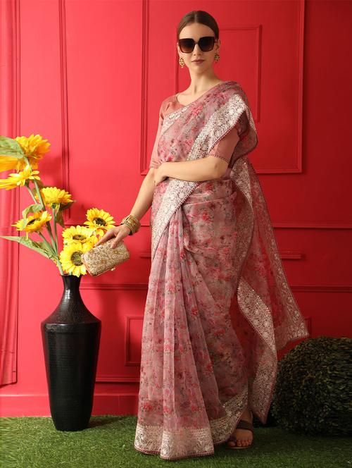 organza printed saree with blouse - 19507235 - Very Small Image - 1