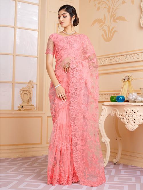 embroidered plain net saree with blouse - 19507388 - Very Small Image - 1