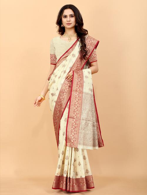 off-white woven saree with blouse - 19507416 - Very Small Image - 1
