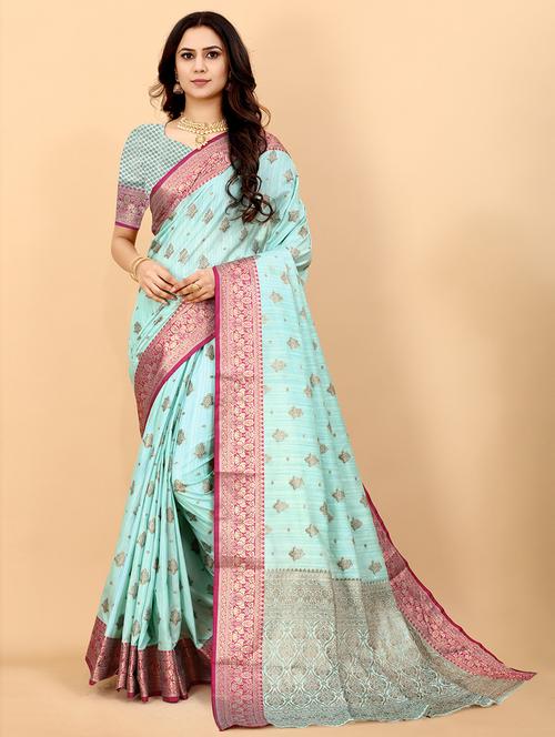 solid woven saree with blouse - 19507418 - Very Small Image - 1