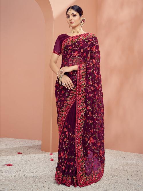 floral embroidered saree with blouse - 19507441 - Very Small Image - 1