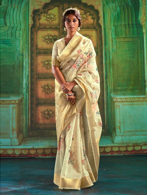 floral print woven saree with blouse - 19507444 - Very Small Image - 1