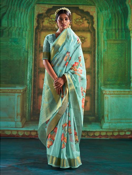 floral printed saree with blouse - 19507451 - Very Small Image - 1