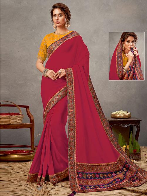 solid bordered saree with blouse - 19507518 - Very Small Image - 1