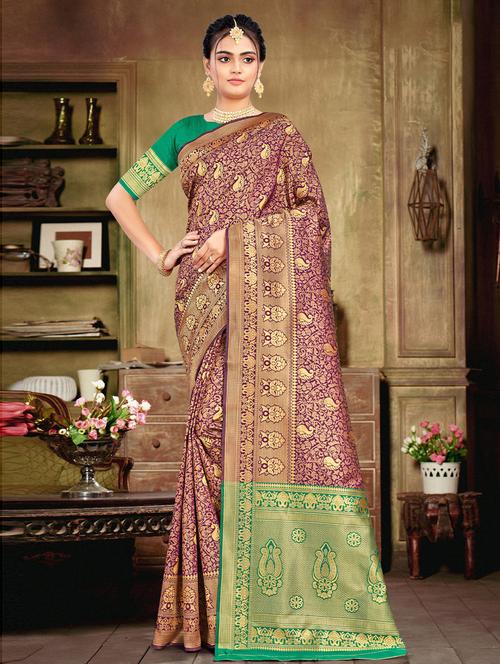 soild banarasi saree with blouse - 19507594 - Very Small Image - 1
