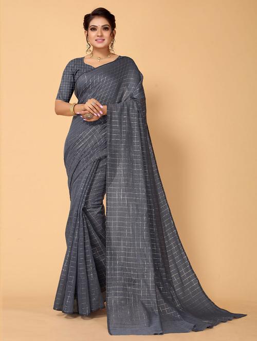 check printed saree with blouse - 19507615 - Very Small Image - 1