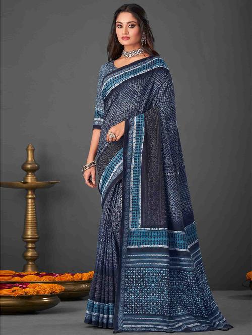 navy blue printed saree with blouse - 19507711 - Very Small Image - 1