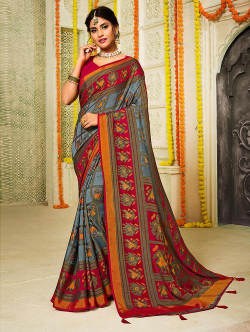 check printed saree with blouse - 19507750 - Very Small Image - 1