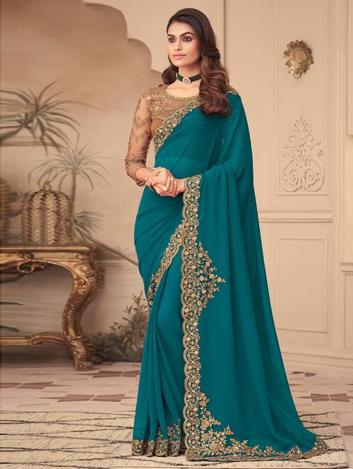 plain georgette saree with blouse - 19507839 - Very Small Image - 1
