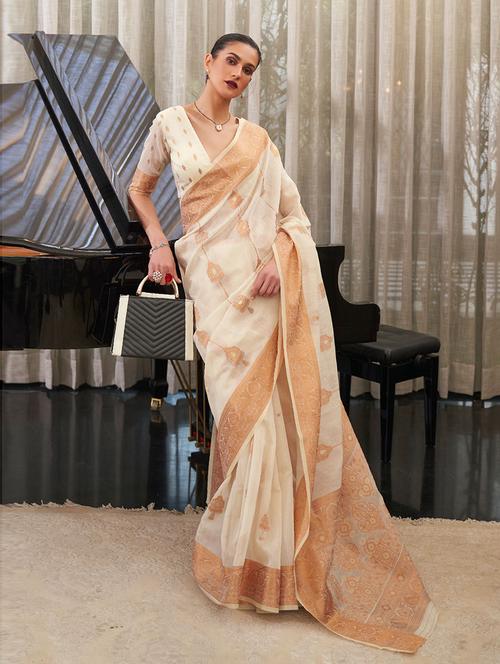 white linen ethnic motif woven saree with blouse - 19507865 - Very Small Image - 1