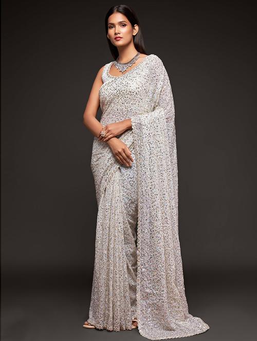 white georgette sequins embroidery saree with blouse - 19507875 - Very Small Image - 1